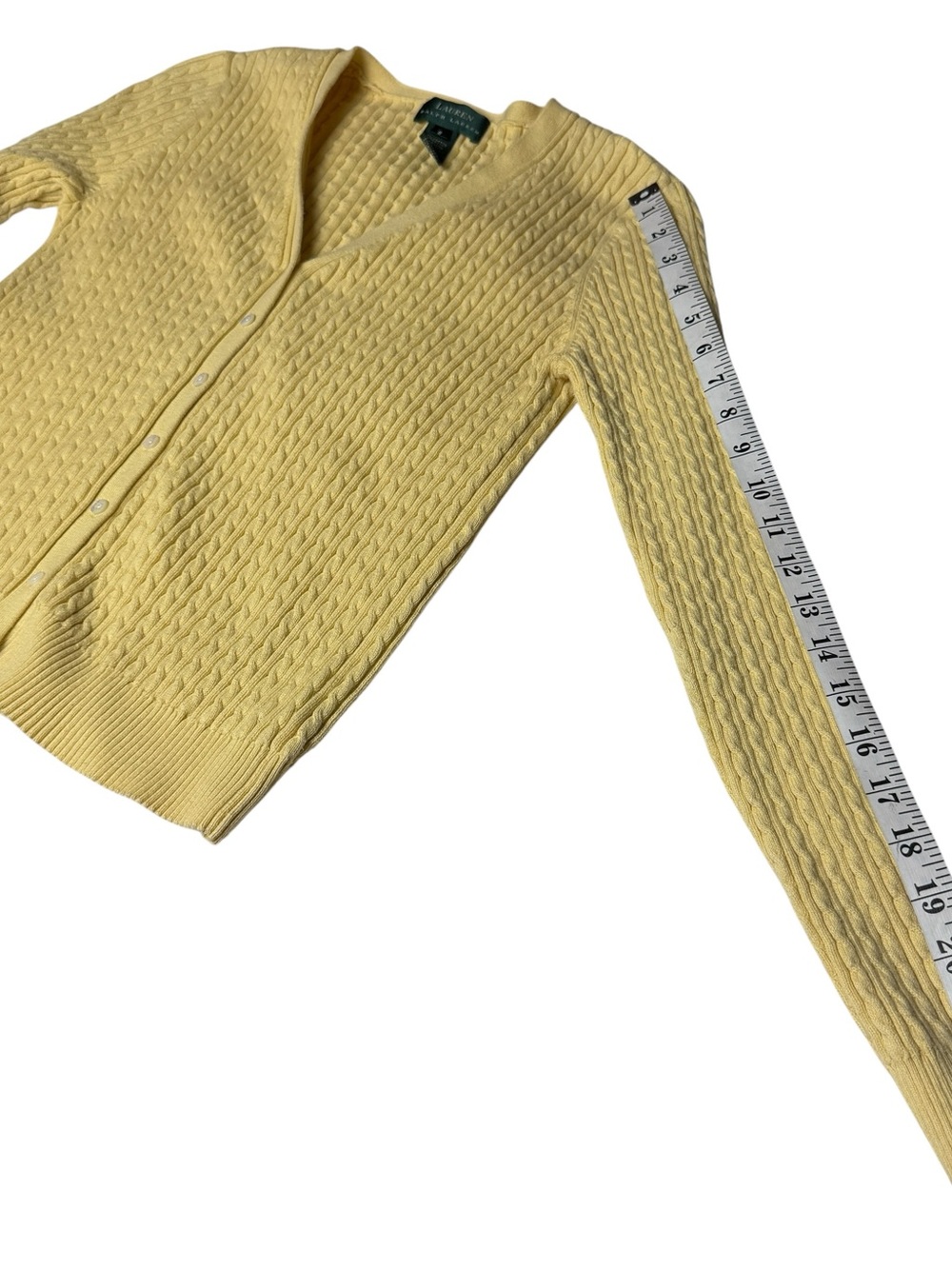 Lauren Ralph Lauren Yellow Cardigan Fisherman Cable Knit Sweater SZ S Preppy EUC - Picture 8 of 9